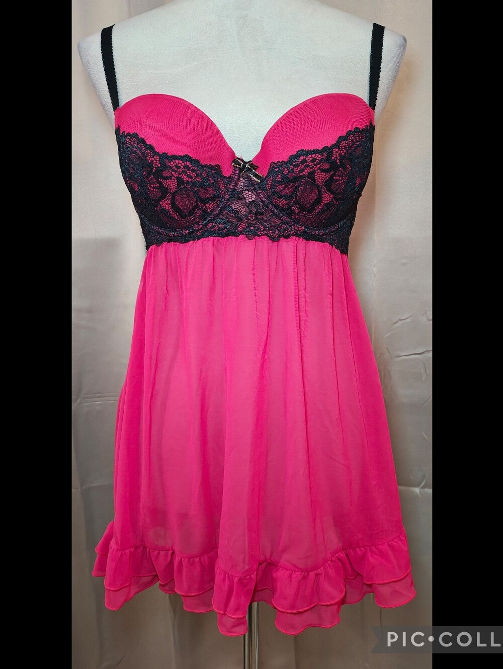 💋Y2K Fuchsia Pink & Black Lace Bustier  Lingerie Babydoll Slip Dress💋